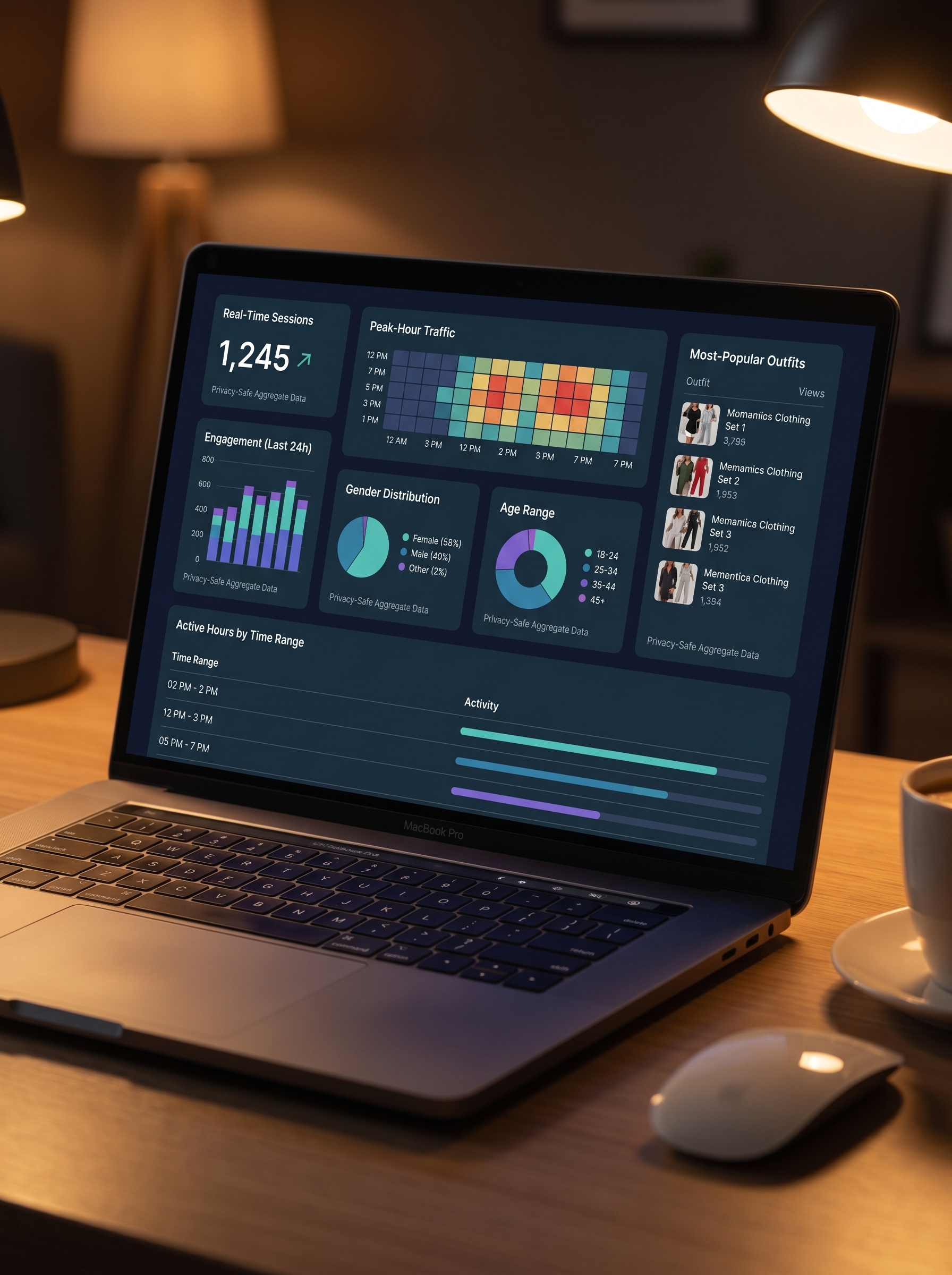 Style Analog analytics dashboard showing session metrics, engagement charts, and fleet health