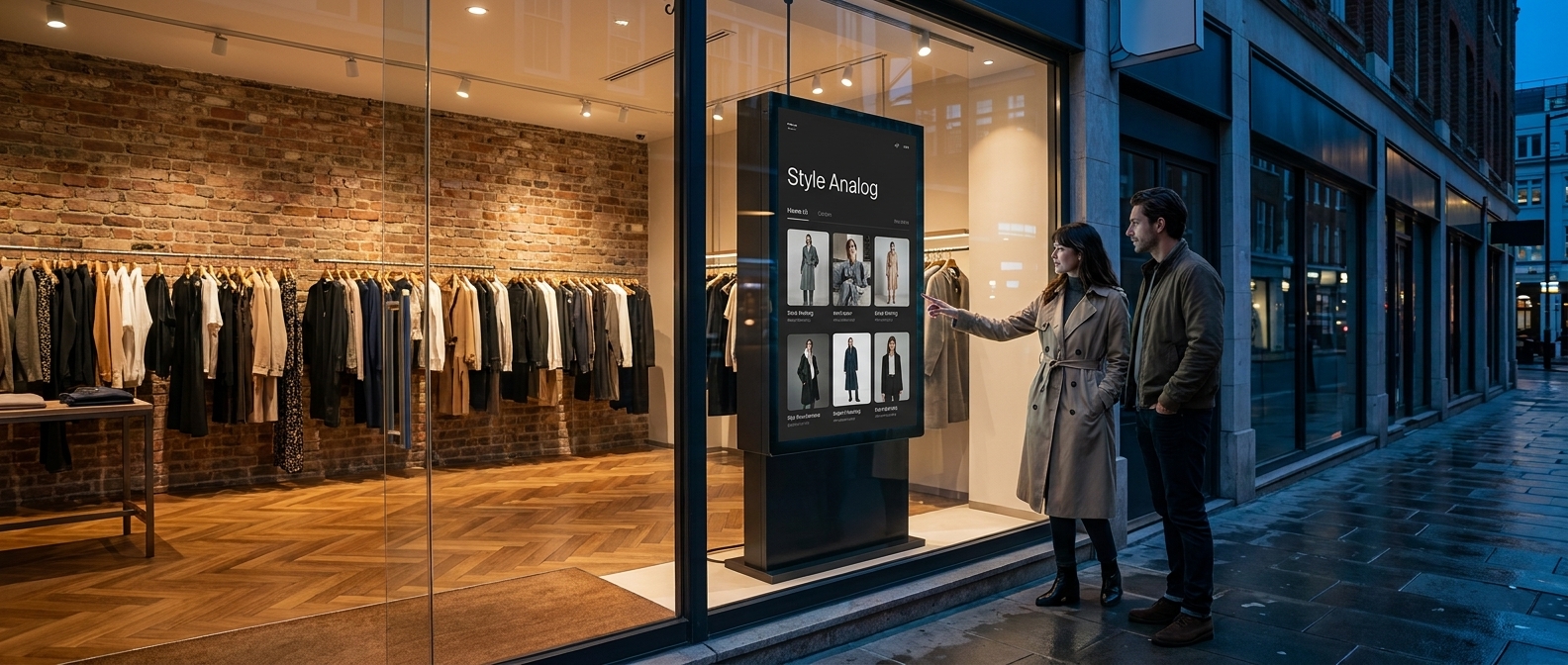 Customer using a peace sign gesture in front of the Style Analog kiosk to trigger an AI try-on