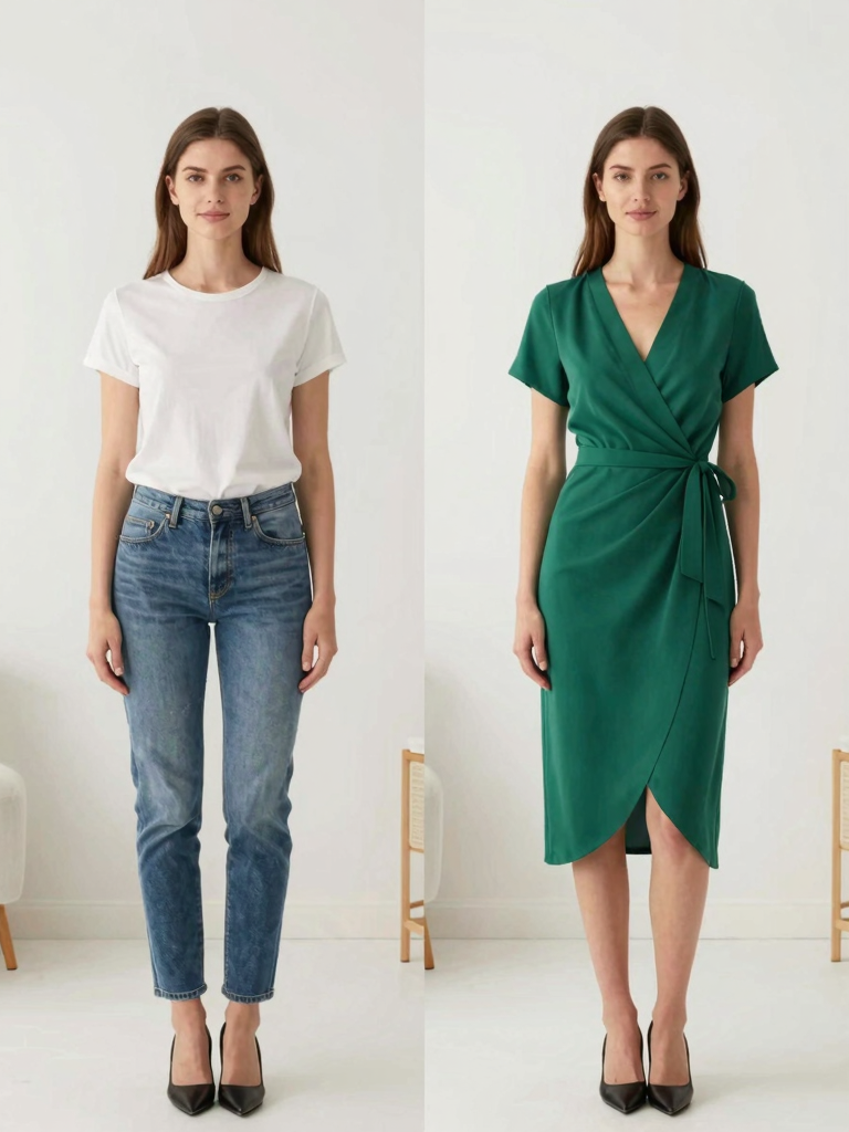 AI-generated virtual try-on comparison — before and after wearing a stylish outfit