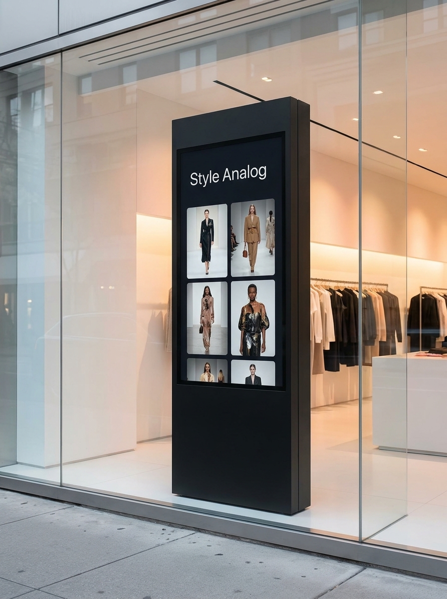 Style Analog 40-inch portrait kiosk hardware product shot in a showroom