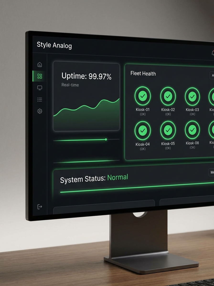 System status dashboard showing 99.97% uptime and OTA update progress