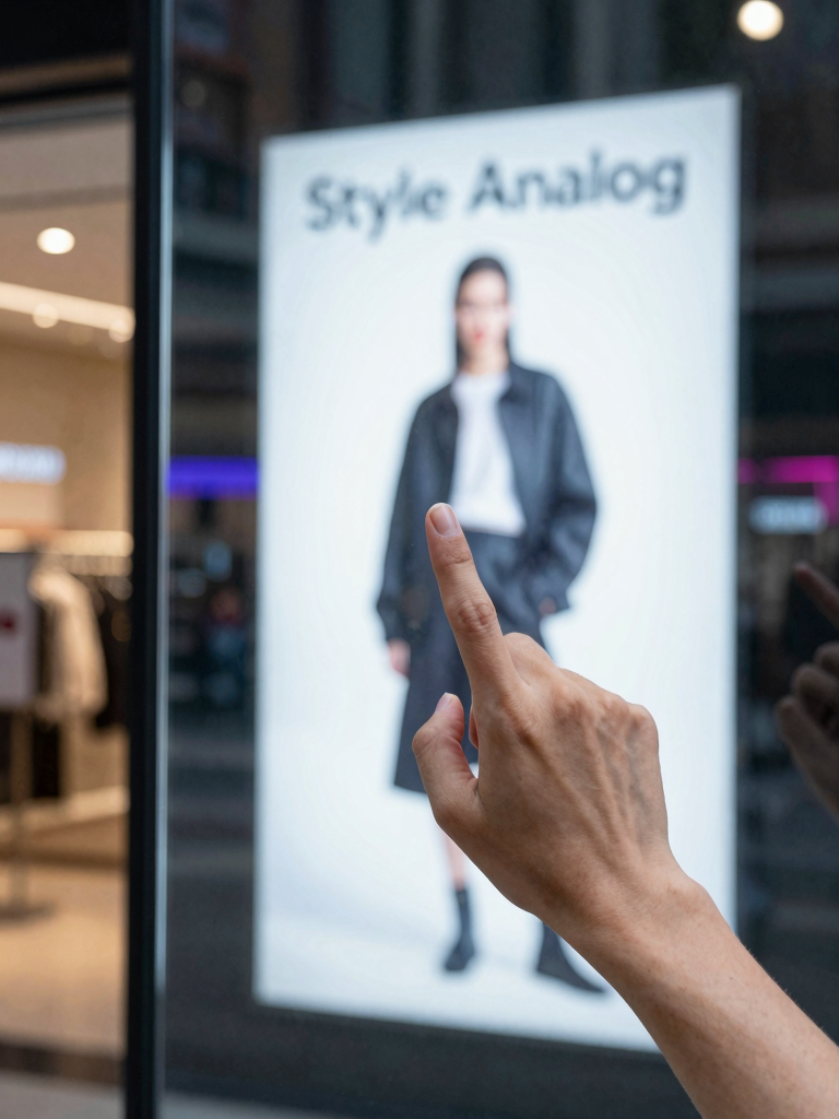 A hand making a peace sign gesture in front of the Style Analog kiosk to trigger an AI try-on
