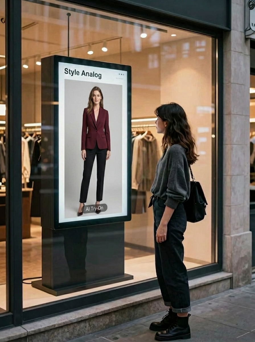 AI-generated photorealistic virtual try-on result shown on kiosk display
