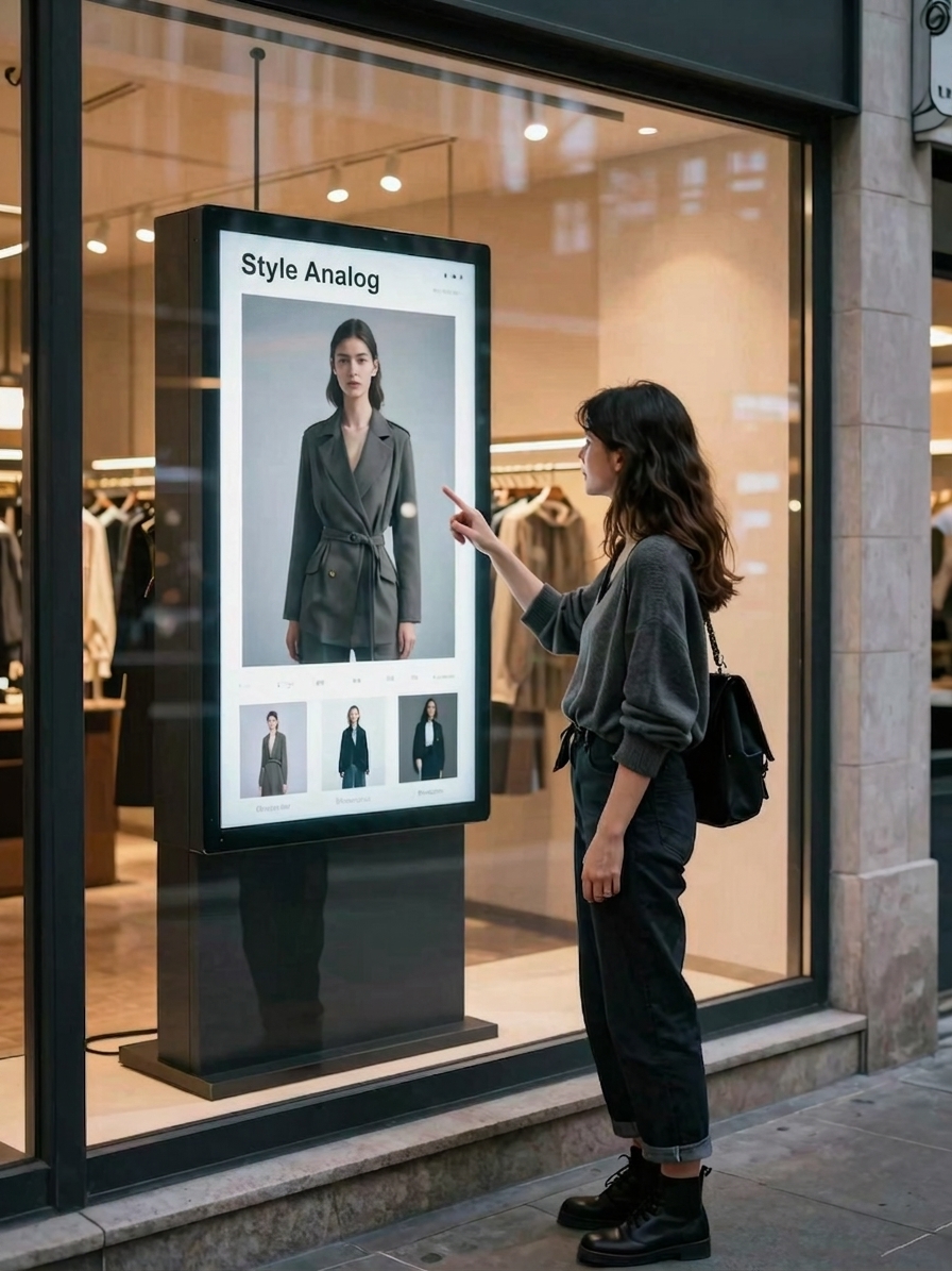 Customer using hand gestures to browse fashion on the Style Analog kiosk